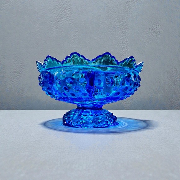 Vintage Fenton Colonial Blue Pedestal Hobnail Glass 5 Candle Bowl - Picture 1 of 8